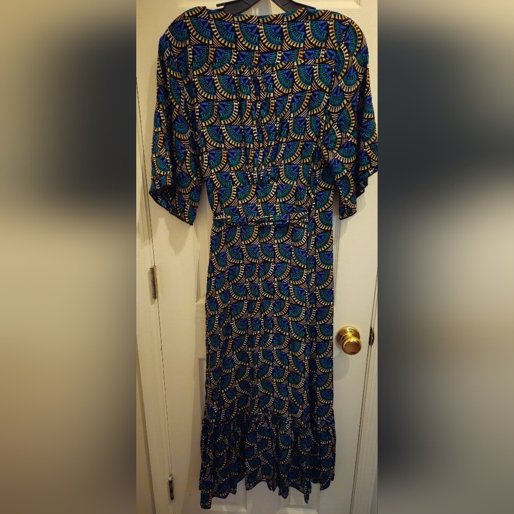 Silk & Salt Elegant Wrap Midi Dress In Peacock Inspired Colors -Size Medium - Picture 3 of 6